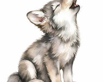 May include: Watercolor illustration of a gray and white wolf cub sitting and howling with its mouth open. The cub has fluffy fur and is set against a white background. The artwork has a soft, artistic style.