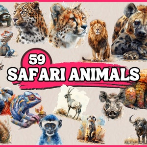 Aquarell Wild Safari Tiere Clipart Bundle, Extrem Safari Reise Clip Art Set, Dschungeltiere, Savannah Leben PNG Grafiken, Illustrationen