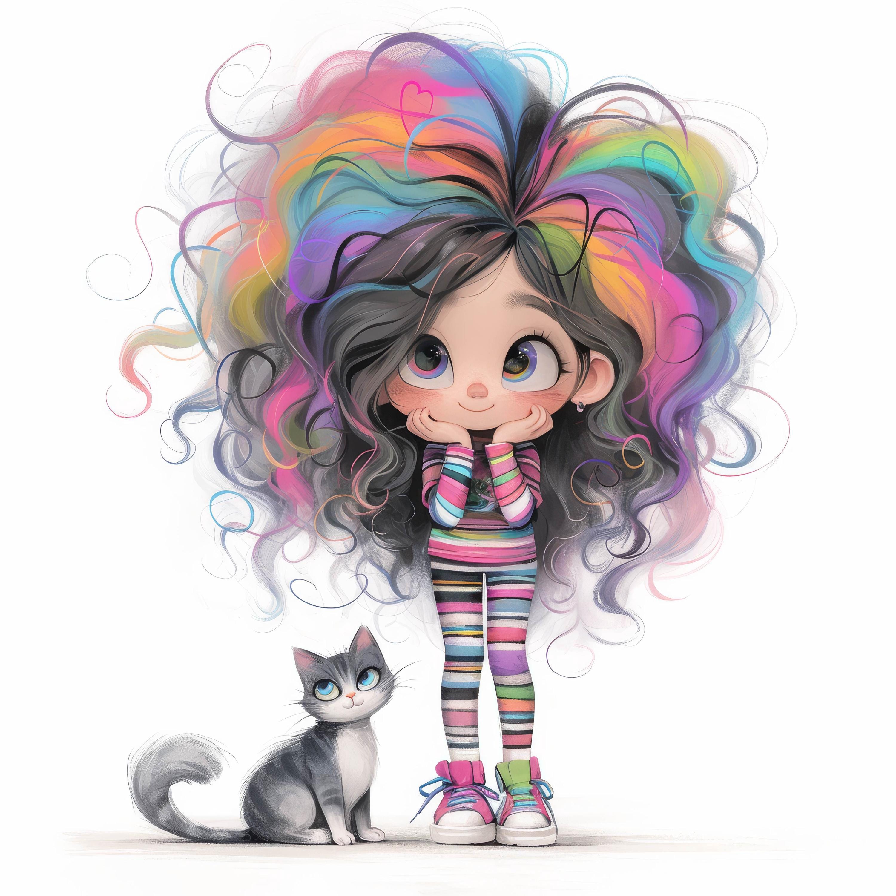12 Quirky Girl With Cat Clipart | Cute Girl and Kitty | Printable ...