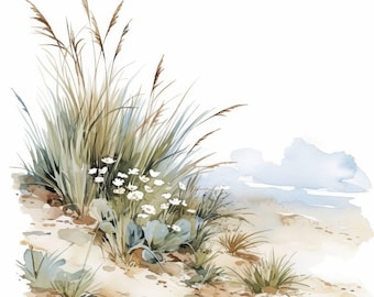 13 Dunes Grass Landscape Clipart Bundle, Windy Beach Grass Design, Printable Watercolor Clipart, High Quality JPG, Paper Craft, Junk Journal