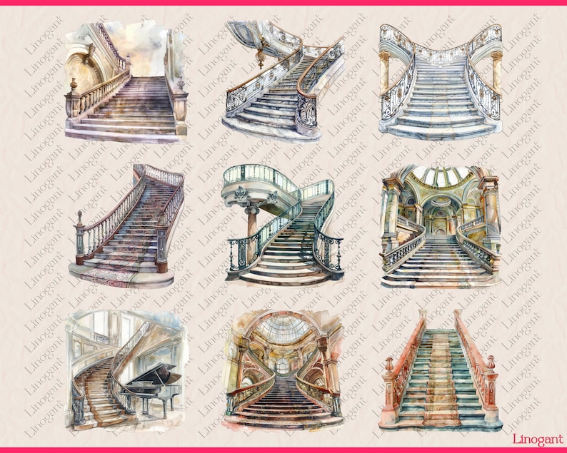 Watercolor Victorian Grand Staircase Clipart Bundle, Medieval Stair ...