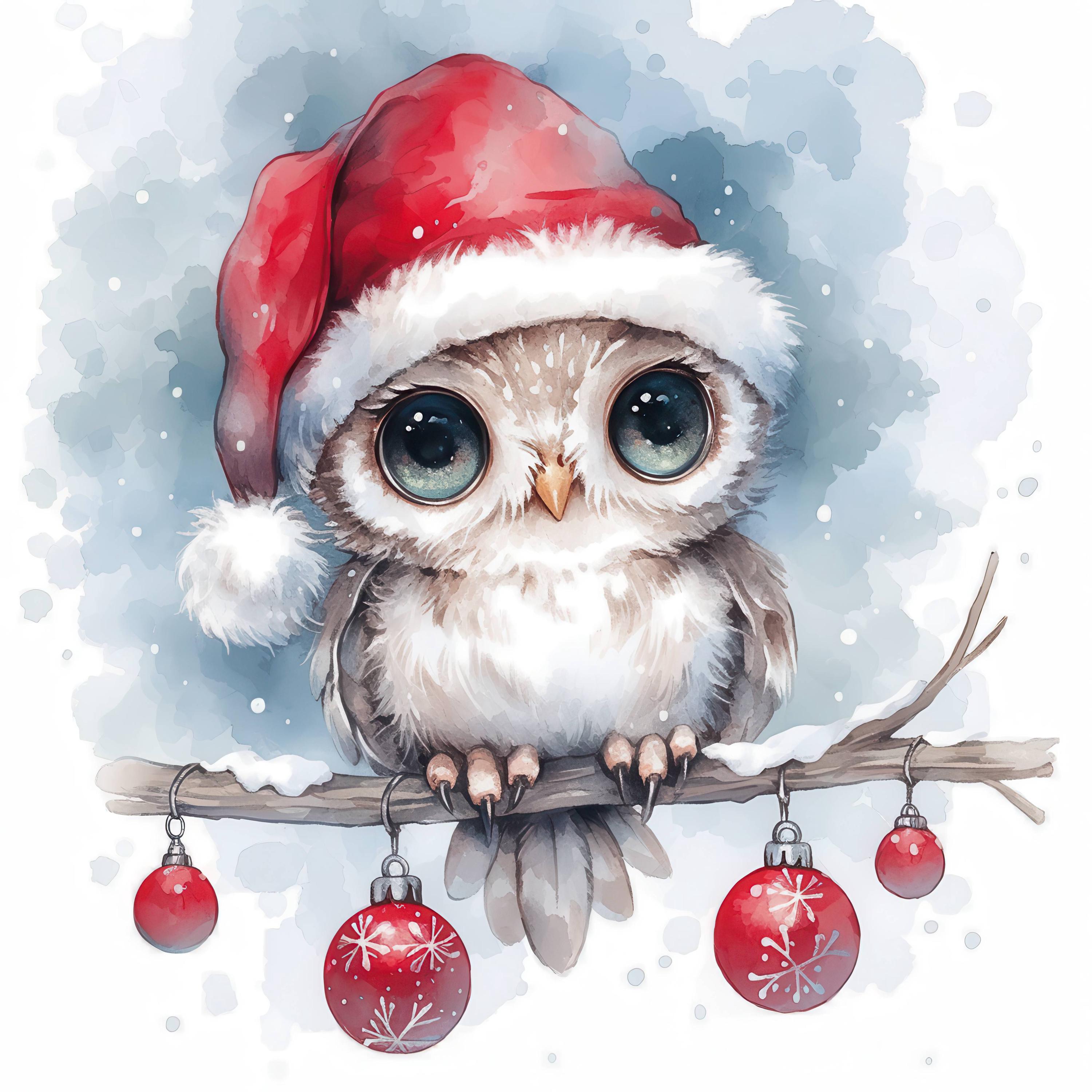10 Festive Owl Clipart Bundle, Winter Owl On Tree Illustration, Printable Watercolor Clipart, High Q