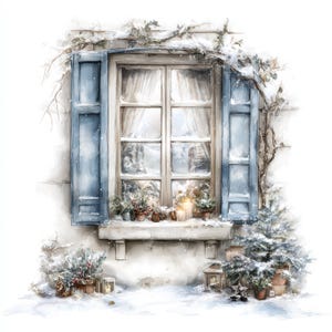 May include: Watercolor painting of a snow-covered window with blue shutters. The window is decorated with small potted plants, candles, and a snowy garland. A small Christmas tree and lantern are on the snow-covered ground.