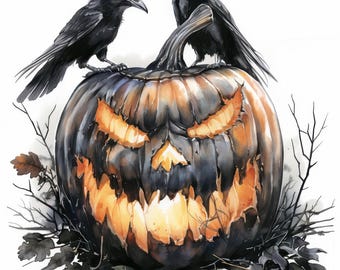 14 Spooky Pumpkin Faces Clipart Bundle, Scary Pumpkin Illustration, Printable Watercolor Clipart, High Quality JPG, Paper Craft,Junk Journal