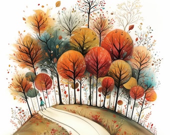 May include: A whimsical illustration of a path winding through a forest of colorful trees. The trees are painted in shades of orange, red, yellow, and green, with a few blue accents. A small figure in blue walks along the path.