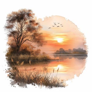 May include: Watercolor painting of a sunset over a lake. The sky is a blend of orange and yellow hues, with the sun reflecting on the water. Silhouettes of trees and birds are visible. Reeds and a large tree are in the foreground.