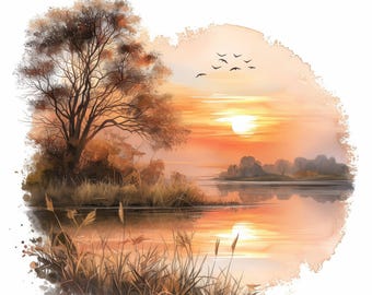 May include: Watercolor painting of a sunset over a lake. The sky is a blend of orange and yellow hues, with the sun reflecting on the water. Silhouettes of trees and birds are visible. Reeds and a large tree are in the foreground.