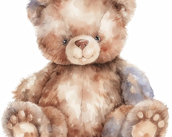 May include: Watercolor illustration of a teddy bear in shades of brown and tan. The bear has a light-colored face and chest, with dark brown fur on its body and limbs. It has a small, brown nose and dark eyes. The bear is sitting with its paws forward.
