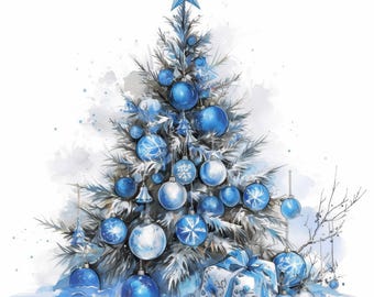 Op de afbeelding: Waterverfillustratie van een kerstboom versierd met blauwe ballen en een ster. De boom is versierd met diverse blauwe en witte ornamenten, sneeuwvlokken en cadeauverpakkingen, tegen een besneeuwde achtergrond. Het thema is feestelijk en winters.