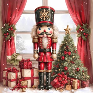 May include: A festive Christmas scene featuring a large, red and black nutcracker soldier with a detailed face and uniform. A decorated Christmas tree, wrapped gifts, and red curtains complete the holiday setting.