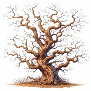 May include: A detailed illustration of a large, bare tree with a thick, twisted trunk and numerous branches. The tree is a warm brown color, with fine details in the bark and branches. The background is white, with a small amount of dry grass at the base.