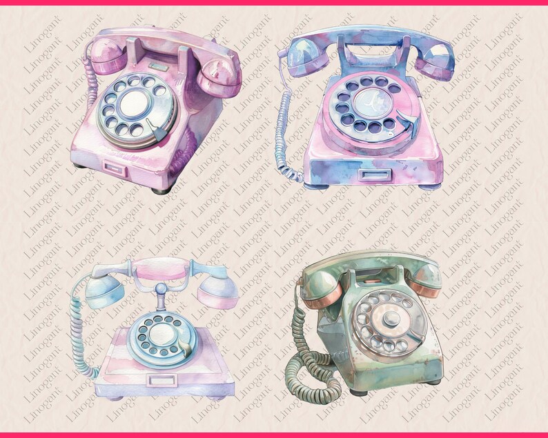 Watercolor Retro Rotary Phone Clipart, Nostalgic Phone Clip Art Set ...