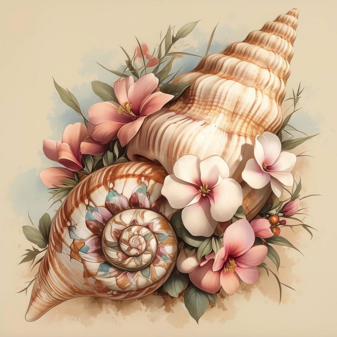 13 Conch Shell Clipart, Seashell and Flower Illustration, Printable ...