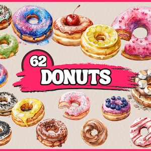 Pacote de clipart de donut em aquarela, conjunto de clipart de donuts, gráficos PNG de sobremesa, ilustração de donut colorido, imagem de donut, uso comercial