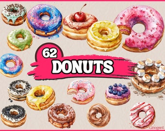 Paquete de imágenes prediseñadas de donas en acuarela, conjunto de imágenes prediseñadas de donas, gráficos PNG de postres, ilustración colorida de donas, imagen de donas, uso comercial
