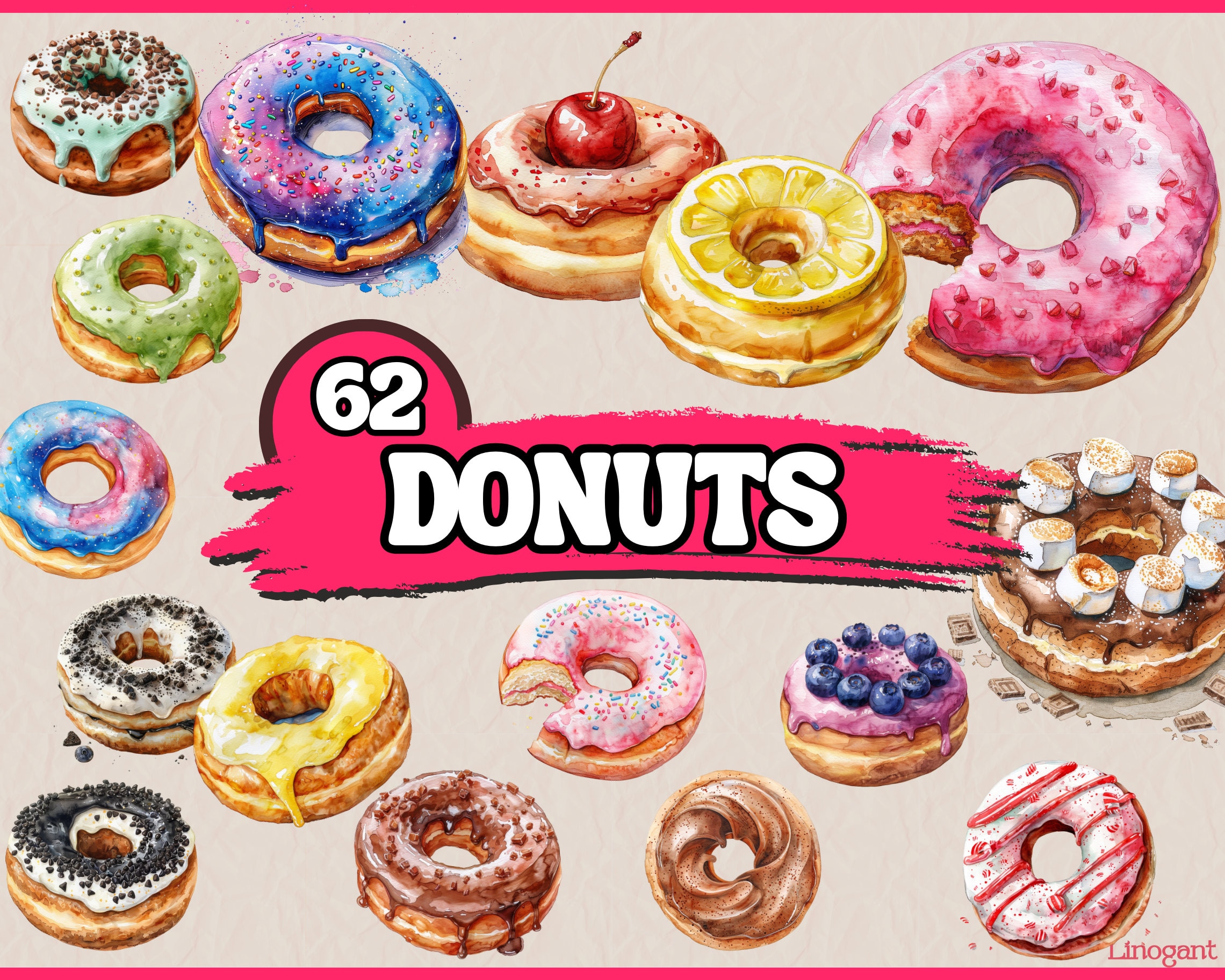 Watercolor Donut Clipart Bundle, Donuts Clip Art Set, Dessert PNG ...