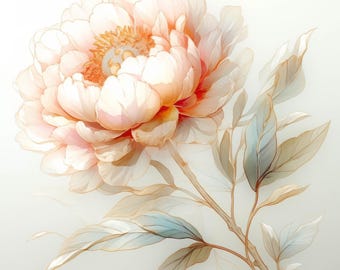 May include: A delicate white peony with soft pink and peach hues, blooming with a single flower and delicate green leaves.