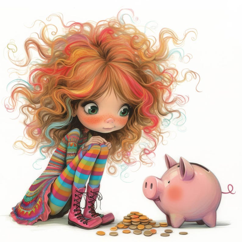 May include: A girl with long, curly, red and blue hair sits on the floor with her legs crossed. She is wearing a colorful dress and pink boots. She is looking at a pink piggy bank with a pile of gold coins in front of it.