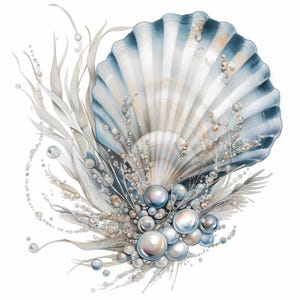 May include: A watercolour illustration of a seashell with a blue and white striped pattern. The shell is surrounded by pearls, bubbles, and feathery, light-coloured seaweed. The image has a soft, ethereal quality.