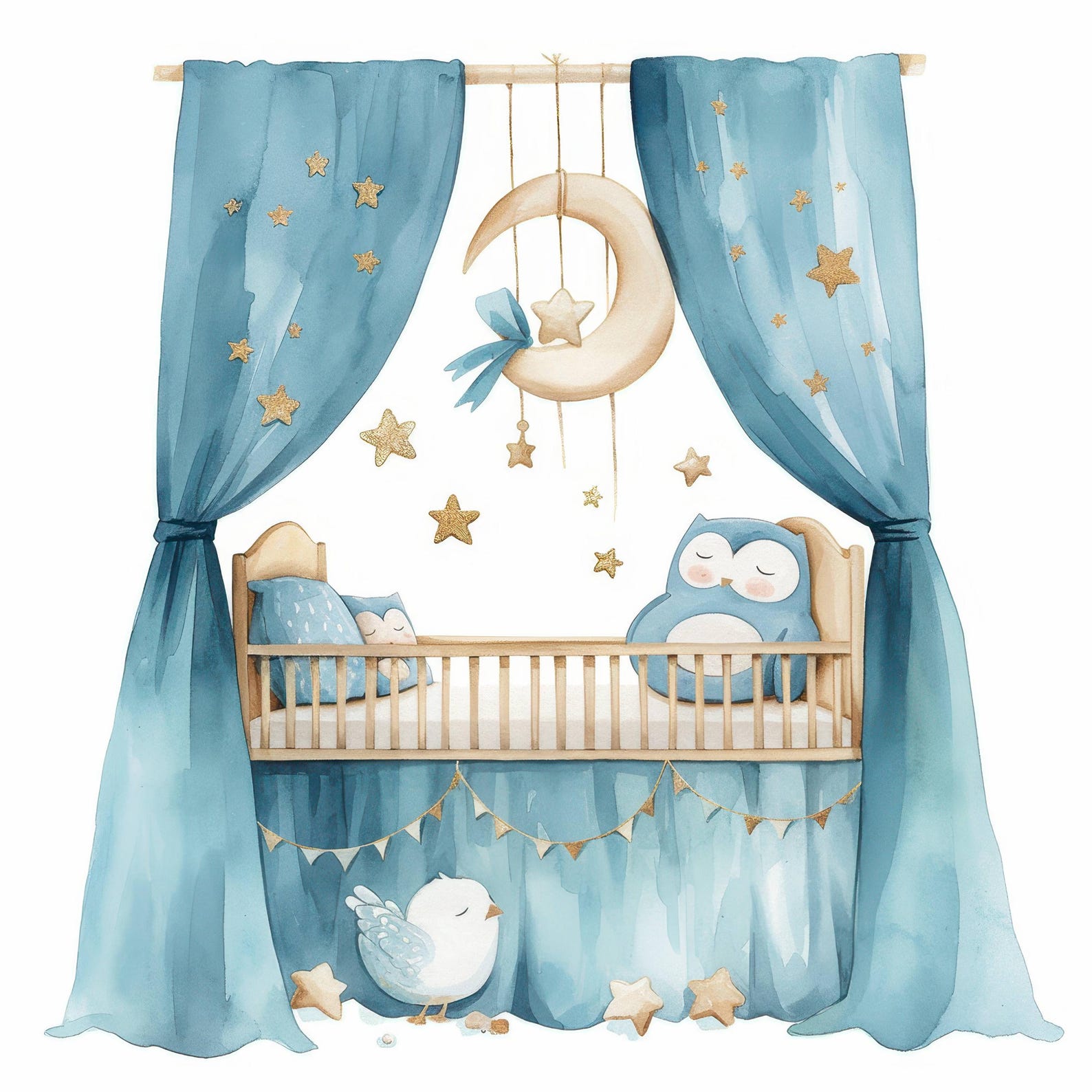 10 Blue Baby Crib Clipart Bundle, Baby Nursery Decor Illustration