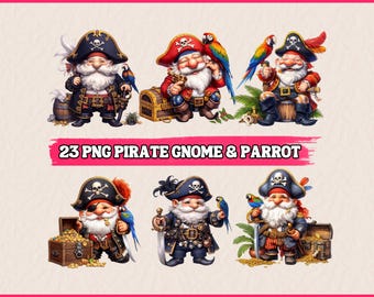 Op de afbeelding: Digitale illustratie met zes piratendwergen met witte baarden, piratenhoeden en kleurrijke papegaaien. De dwergen zijn gekleed in piratenkleding, sommigen houden zwaarden of schatkisten vast. De tekst onderaan luidt "23 PNG PIRATE GNOME & PARROT."