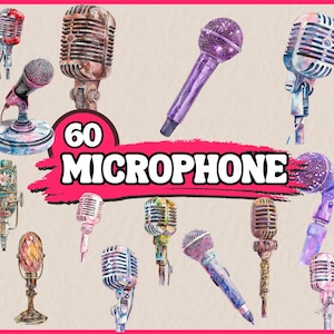 Micrófono de acuarela, ilustración vintage y moderna de Mike en colores pastel, paquete de arte musical con micrófono, uso comercial, descarga instantánea