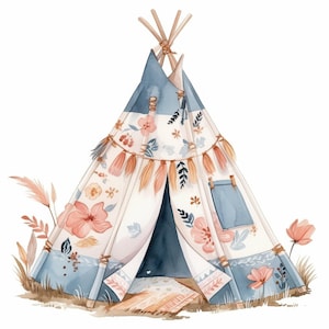 Puede incluir: Ilustración en acuarela de una tienda tipi con un diseño azul y blanco. La tienda está decorada con flores rosas, borlas y una pequeña ventana. La tienda tipi está sobre hierba con una pequeña alfombra en la entrada.