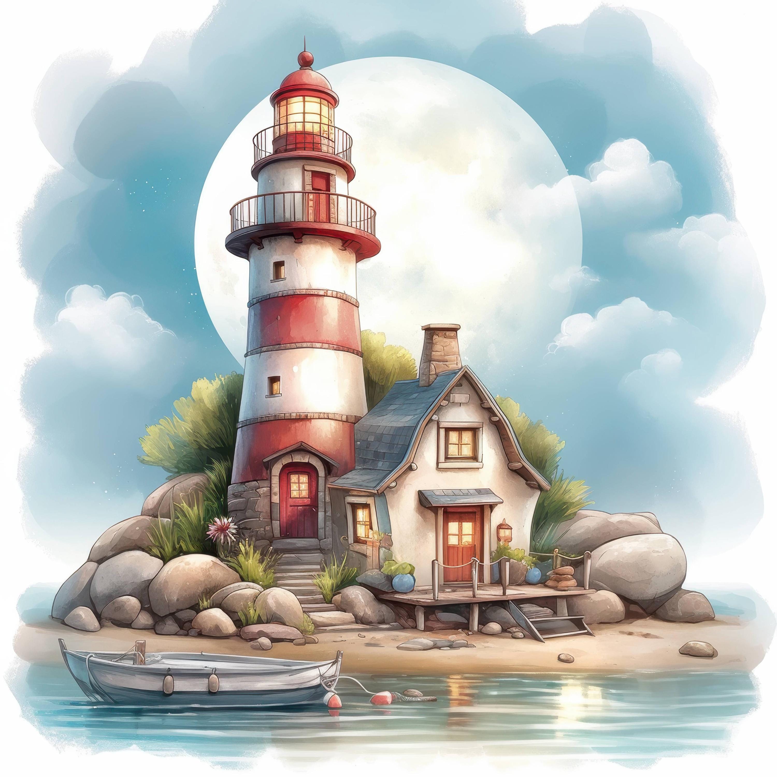 Moonlit Coastal Lighthouse Clip Art 10 High Res Watercolor Jpgs Junk ...