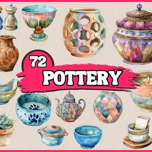 Puede incluir: Una colección de 72 ilustraciones de acuarela de cerámica en varios estilos y colores. Las ilustraciones incluyen cuencos, jarras, teteras, portavelas y otros artículos decorativos.