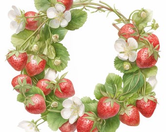 15 Strawberries Garland Clipart Bundle, Fresh Fruit Decoration Illustration, Printable Watercolor Clipart, High Quality JPG, Paper Craft