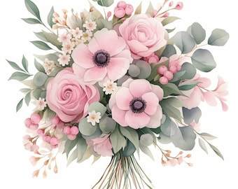 Op de afbeelding: Een aquarelboeket met roze rozen, anemonen met donkere centra en kleine witte bloemen. Het arrangement bevat groene eucalyptusbladeren en roze bessen, gebonden met natuurlijke stelen. Het kleurenpalet is zacht en romantisch.