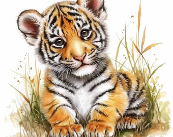11 Baby Tiger Clipart Bundle, Jungle Cub Portraits, Printable Watercolor Clipart, High Quality JPG, Paper Craft, Junk Journals