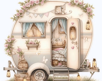 May include: A white vintage camper van with a floral garland, a blue and white striped awning, and a pink and white interior. The camper van has a wooden step and a wooden box with a lantern on the side.