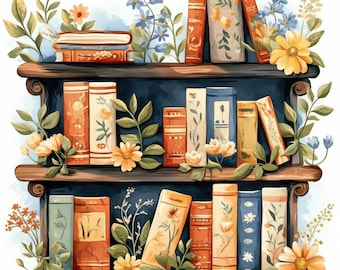 13 Floral Bookshelf Clipart Bundle, Decorative Book Arrangement Illustration, Printable Watercolor Clipart, High Quality JPG, Paper Craft