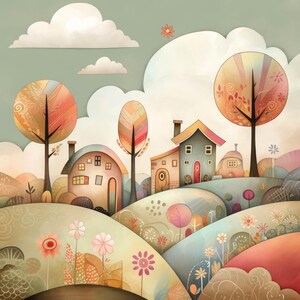 May include: A whimsical illustration of a colorful landscape with houses, trees, and flowers. The houses are painted in shades of blue and green, with red doors and windows. The trees have orange and brown leaves, and the flowers are pink, red, and yellow.