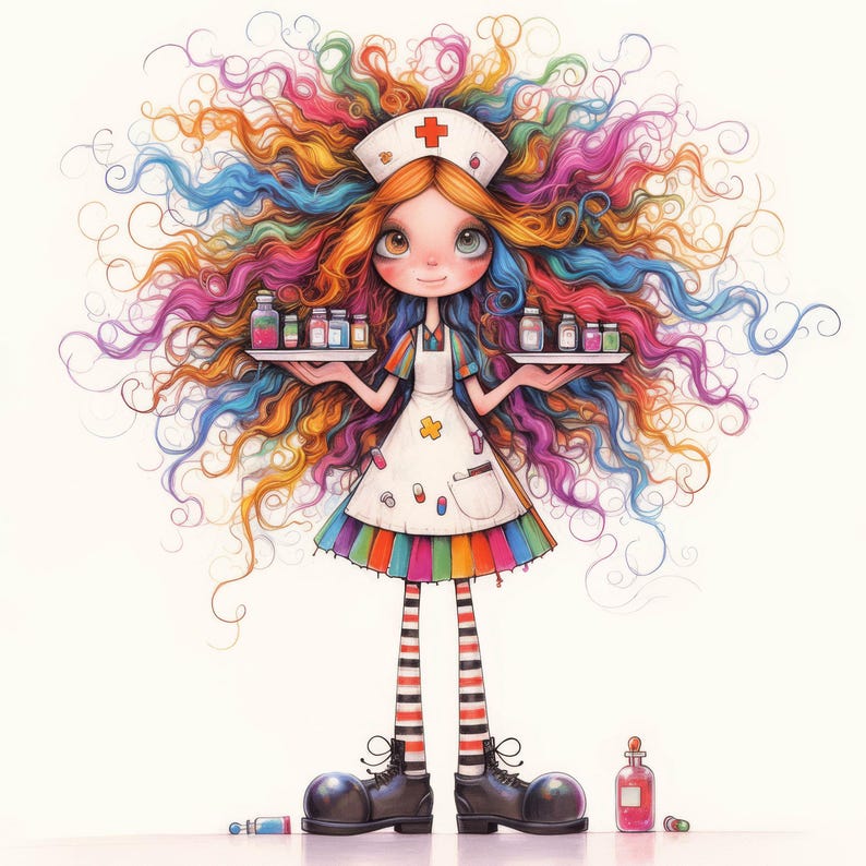 Puede incluir: Una enfermera de dibujos animados con el pelo arco&iacute;ris sostiene una bandeja con botellas de colores. Lleva un vestido blanco con una cruz roja en el sombrero y rayas de colores alrededor del dobladillo.