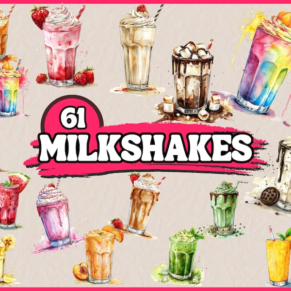 Watercolor Milkshakes Clipart Bundle, Summer Drink Clip Art Set, Dessert Graphics, Milkshake Illustration, Nursery PNG Image, Commercial Use