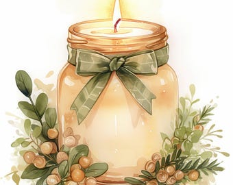 May include: Watercolor illustration of a lit candle in a mason jar. The jar is adorned with a green ribbon and surrounded by green leaves and berries. The candle flame glows brightly against the soft, warm tones of the jar.