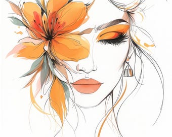 May include: An artistic illustration of a woman's face with closed eyes, adorned with orange and red floral elements. The artwork features orange eyeshadow, coral lips, and a delicate earring. The style is a watercolor sketch on a white background.