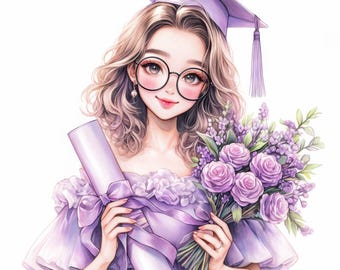 May include: Illustration of a graduate wearing a purple cap and gown, holding a diploma and a bouquet of lavender roses. The graduate is wearing round glasses and a purple dress. The image has a soft, watercolor style.