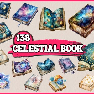 Può includere: 138 illustrazioni ad acquerello di libri celestiali che rappresentano libri aperti e chiusi con temi celesti e galattici. I libri hanno un aspetto vintage con accenti dorati.