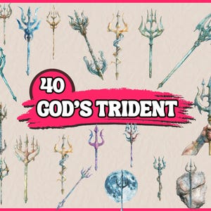Può includere: Una collezione di 40 illustrazioni ad acquerello del tridente di Dio. I tridendi sono raffigurati in vari stili e colori, alcuni con dettagli intricati e altri più semplici. Le illustrazioni sono su uno sfondo rosa chiaro.
