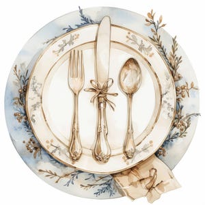May include: Watercolor illustration of a formal place setting. A white plate with a gold rim and floral design holds a fork, knife tied with a ribbon, and spoon. The plate rests on a larger blue and white patterned plate, with a folded napkin.
