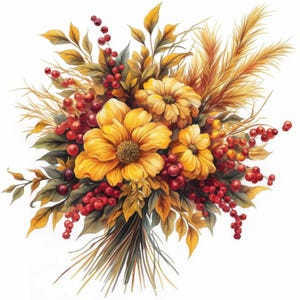 Puede incluir: Ilustración en acuarela de un ramo floral con grandes flores amarillas, bayas rojas y follaje marrón dorado. El arreglo incluye varias texturas y tonos de verde, amarillo y rojo, creando una composición vibrante y naturalista.