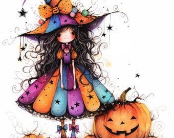 Quirky Pumpkin Girl Clip Art 10 High Res Watercolor JPGs Junk Journaling, Scrapbooking, Card Making, Digital Download, Fantasy, Whimsical