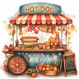 Adorable Hot Dog Cart Clip Art 13 High Res Watercolor JPGs for Junk Journals, Scrapbooking, Card Making, Digital Download, Fast Food Seller