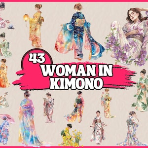 Watercolor Woman in Kimono Clipart Bundle, Japanese Girl Geisha Art Set with Flower & Leaf Pattern,  Fashion Decor, Commercial PNG Graphics