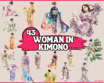 Watercolor Woman in Kimono Clipart Bundle, Japanese Girl Geisha Art Set with Flower & Leaf Pattern,  Fashion Decor, Commercial PNG Graphics