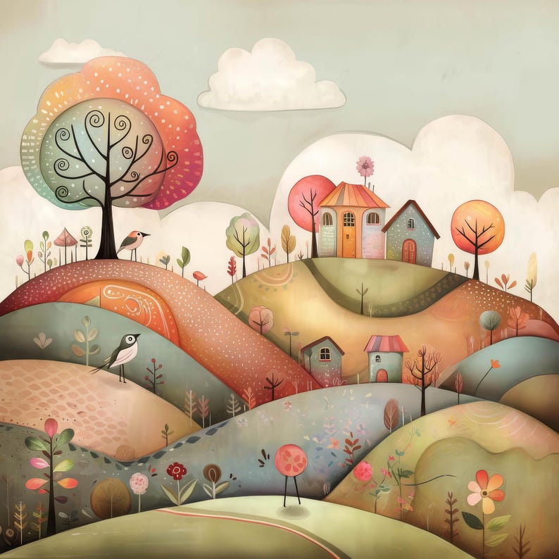 May include: A whimsical illustration of a colorful landscape with rolling hills, trees, and houses. The scene features a variety of colors, including green, blue, brown, and pink. There are birds flying in the sky and flowers blooming on the ground.
