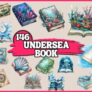 Może przedstawiać: Kolekcja 146 akwarelowych ilustracji książek o tematyce podwodnej. Książki przedstawiają różne stworzenia morskie, rafy koralowe i fale oceaniczne. Ilustracje idealnie nadają się do tworzenia projektów cyfrowych lub drukowanych.
